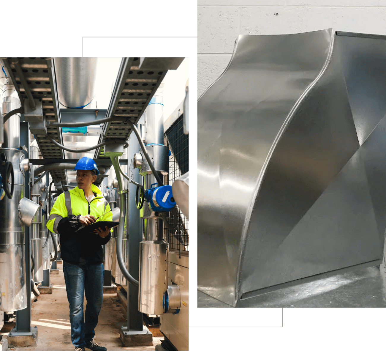 Engineer inspecting a complex metal duct system in an industrial facility.