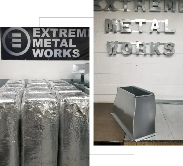 Industrial metalworks setup with wrapped materials and metal components.